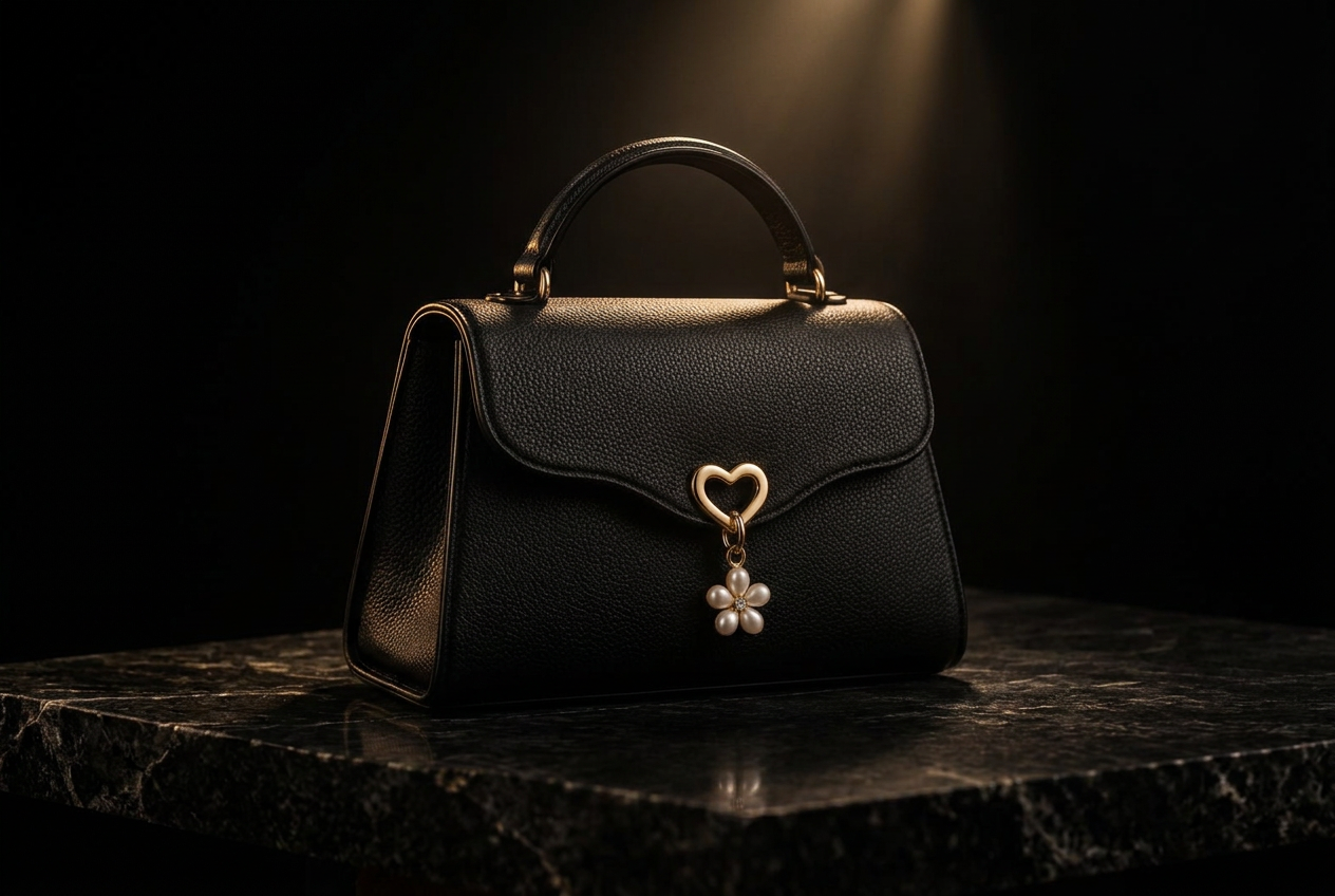 The golden sample of The Elizabeth Bag under a warm spotlight