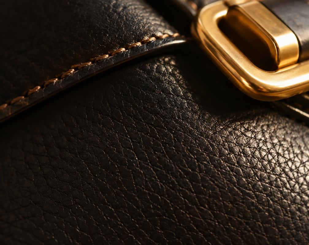 Close-up of full-grain black calf leather with hand stitching and a warm light gold clasp