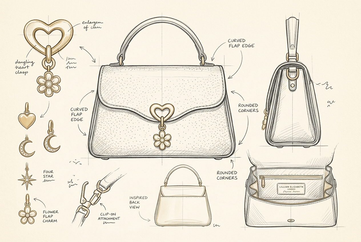 Pencil concept sketch of The Elizabeth Bag with the open-heart clasp