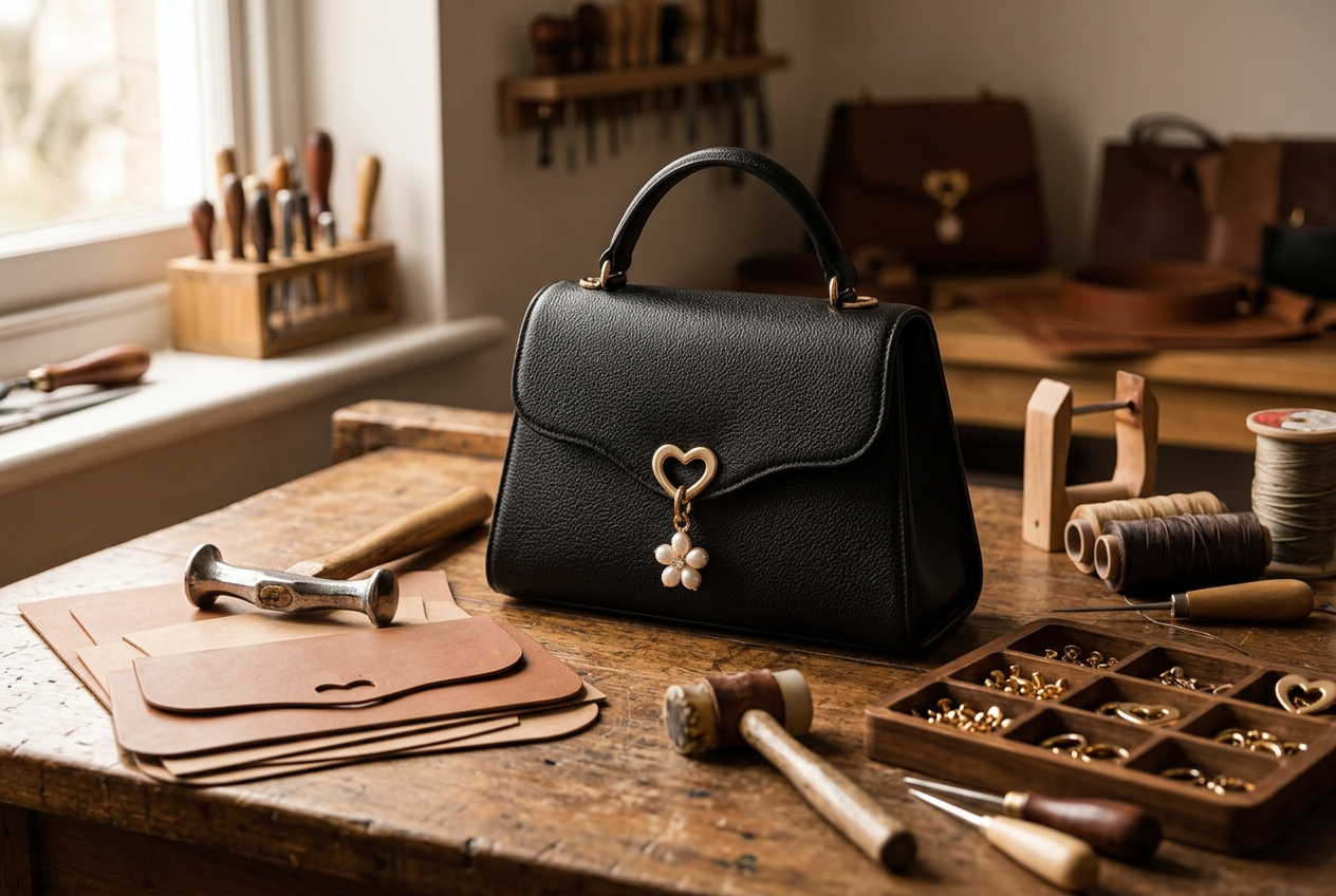 Leather workshop bench with patterns, tools and a half-built bag